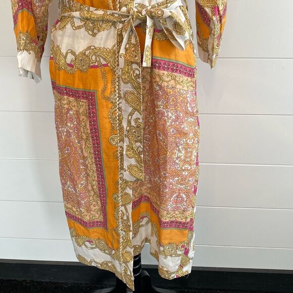 Magaschoni 100% Linen Orange Yellow Wrap Midi Dress, Size Small - Picture 5 of 12